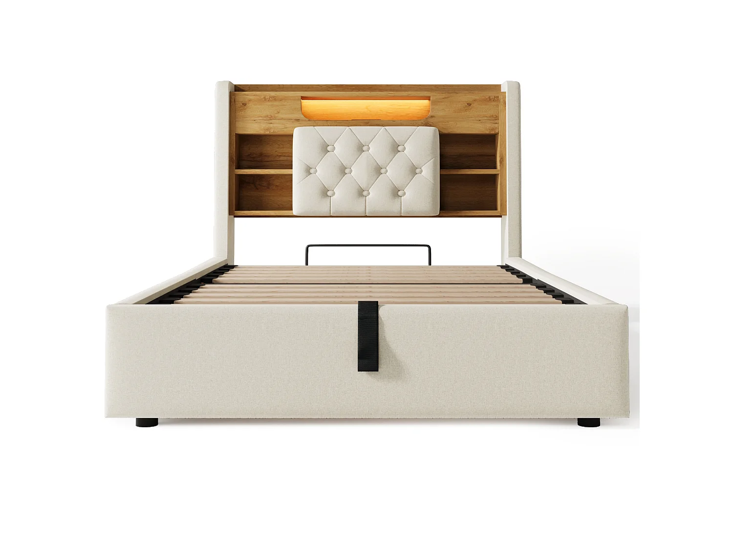 Kinderbed met opbergruimte 90x200 cm met LED en USB/Type-C - Eenpersoonsbed in beige linnen