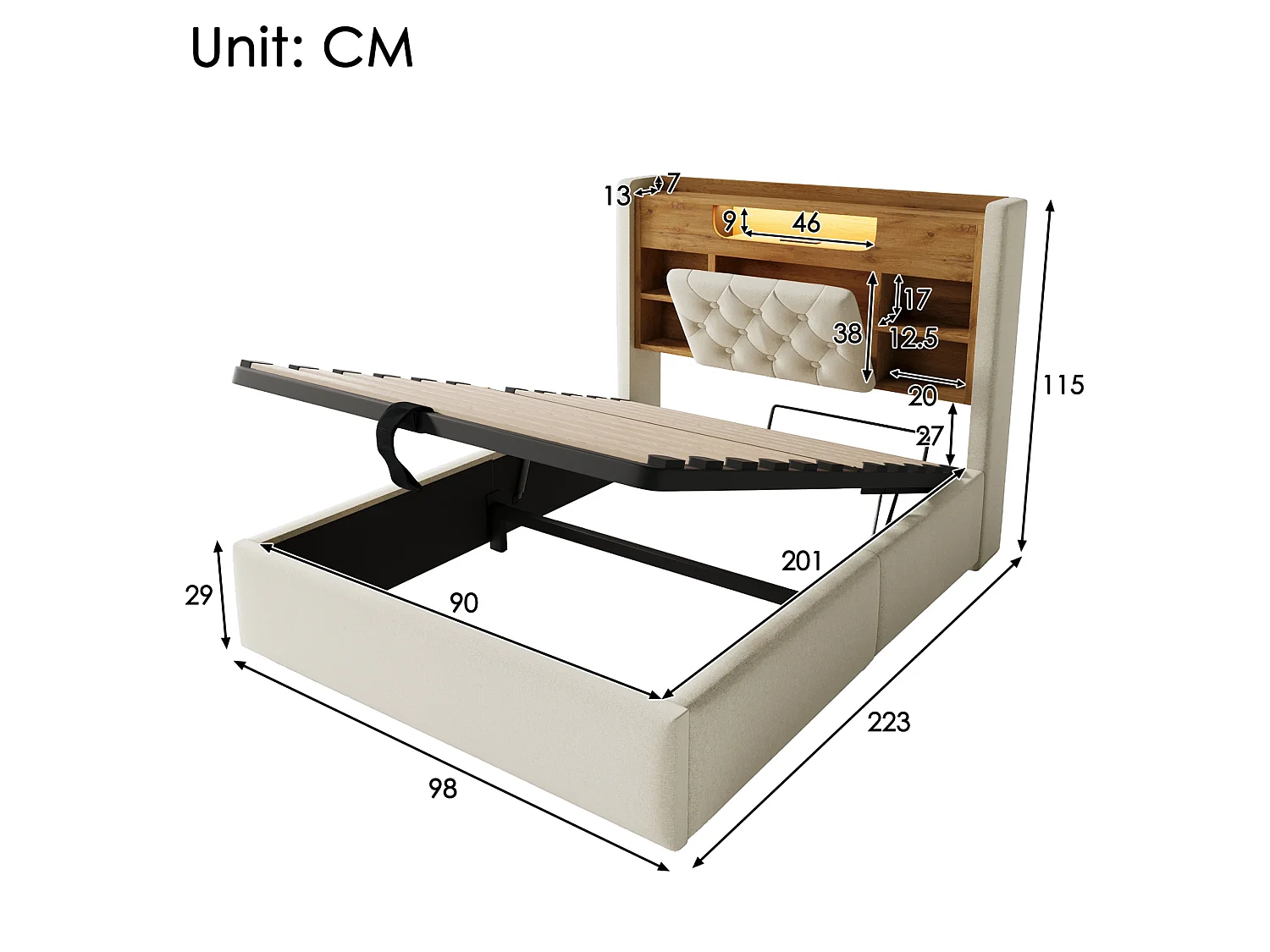 Kinderbed met opbergruimte 90x200 cm met LED en USB/Type-C - Eenpersoonsbed in beige linnen