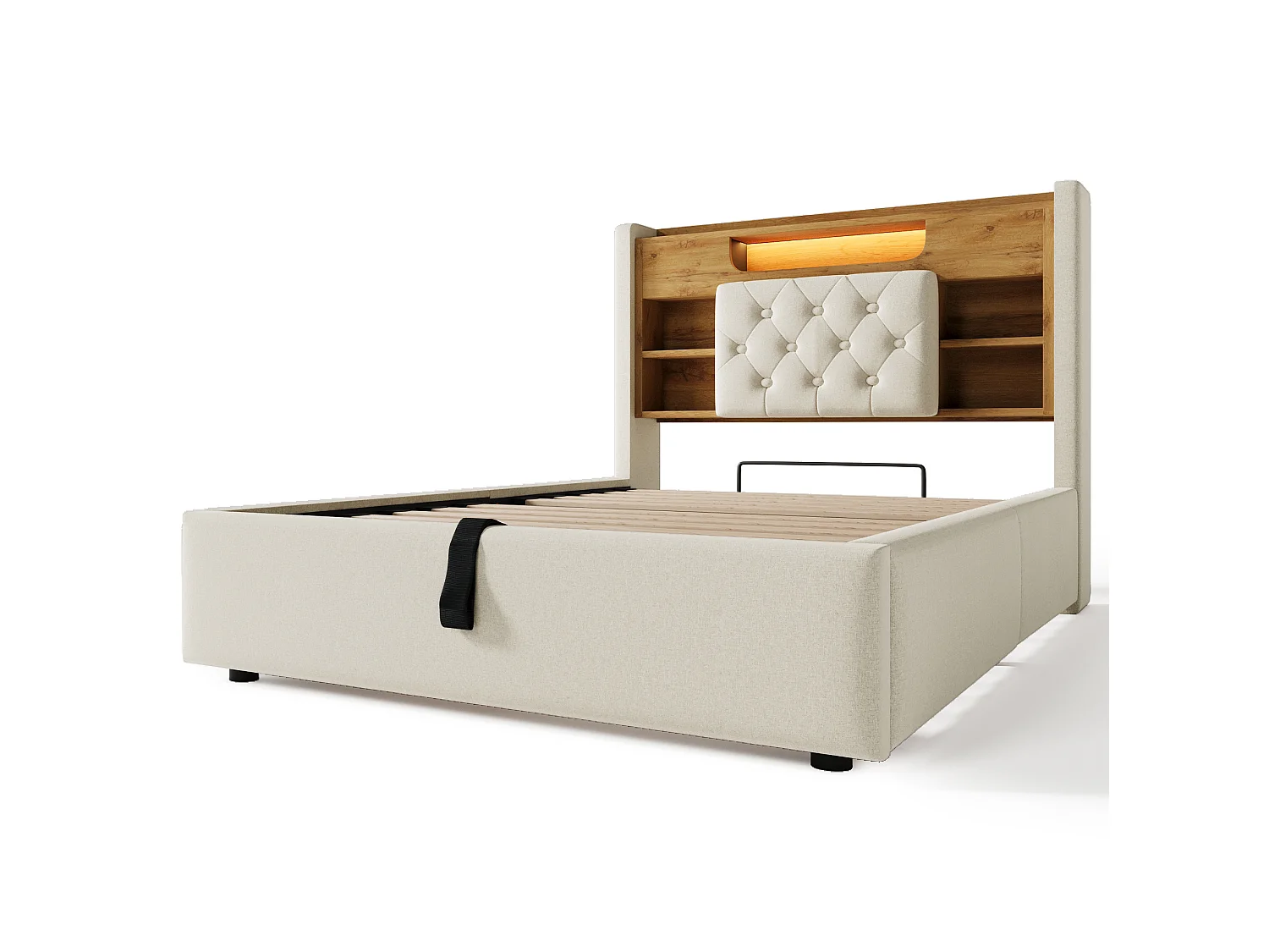 Kinderbed met opbergruimte 90x200 cm met LED en USB/Type-C - Eenpersoonsbed in beige linnen