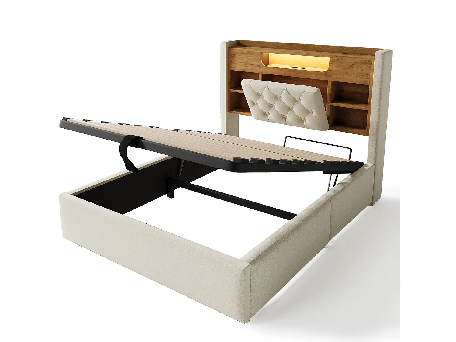 Kinderbed met opbergruimte 90x200 cm met LED en USB/Type-C - Eenpersoonsbed in beige linnen