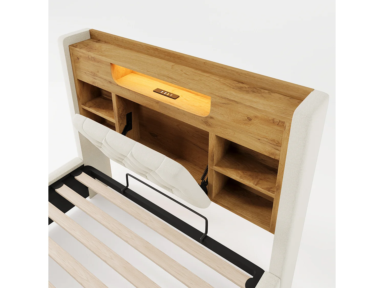 Kinderbed met opbergruimte 90x200 cm met LED en USB/Type-C - Eenpersoonsbed in beige linnen