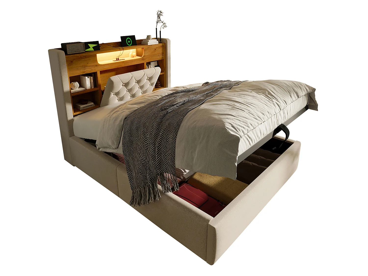 Kinderbed met opbergruimte 90x200 cm met LED en USB/Type-C - Eenpersoonsbed in beige linnen