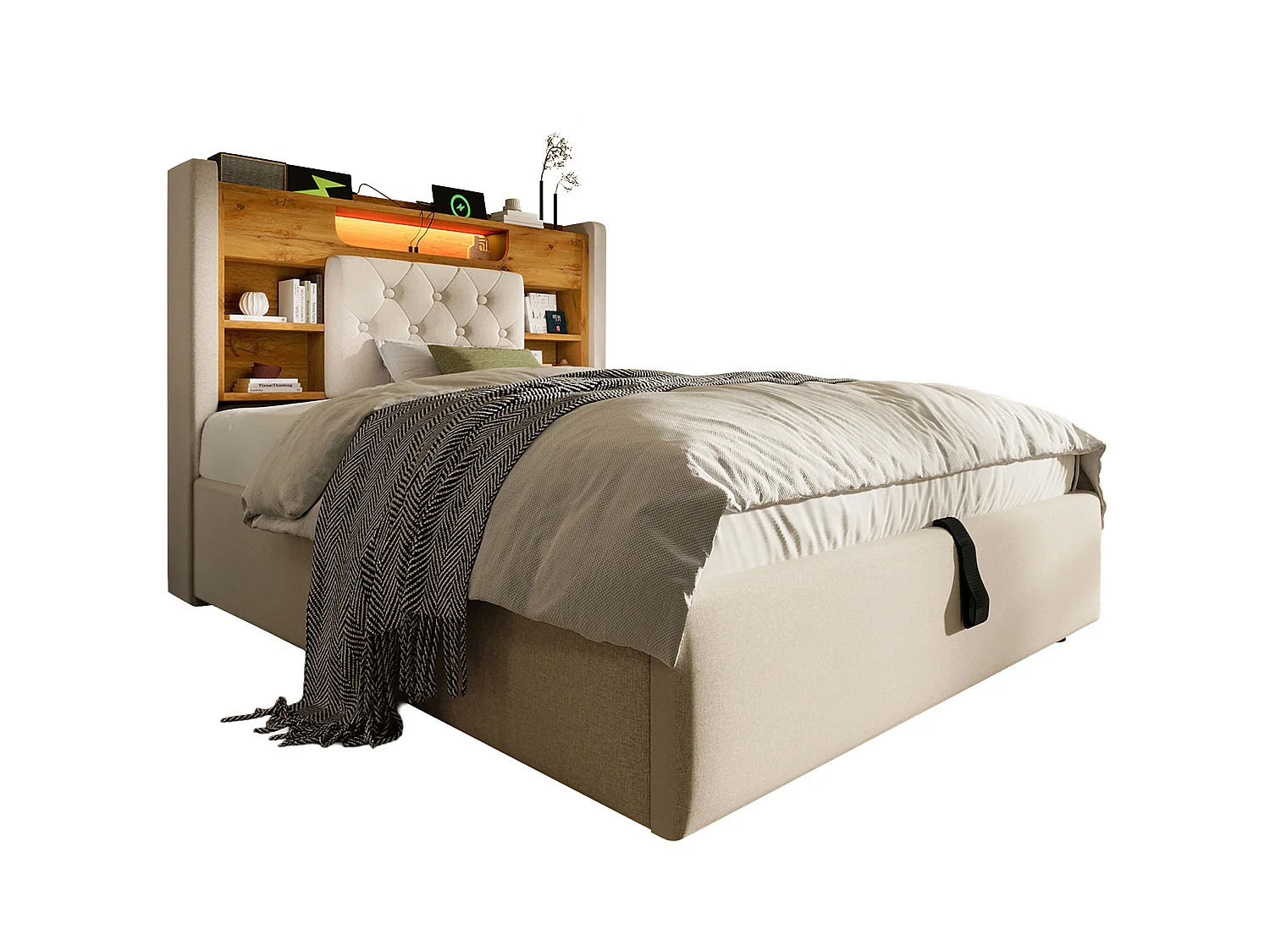 Kinderbed met opbergruimte 90x200 cm met LED en USB/Type-C - Eenpersoonsbed in beige linnen