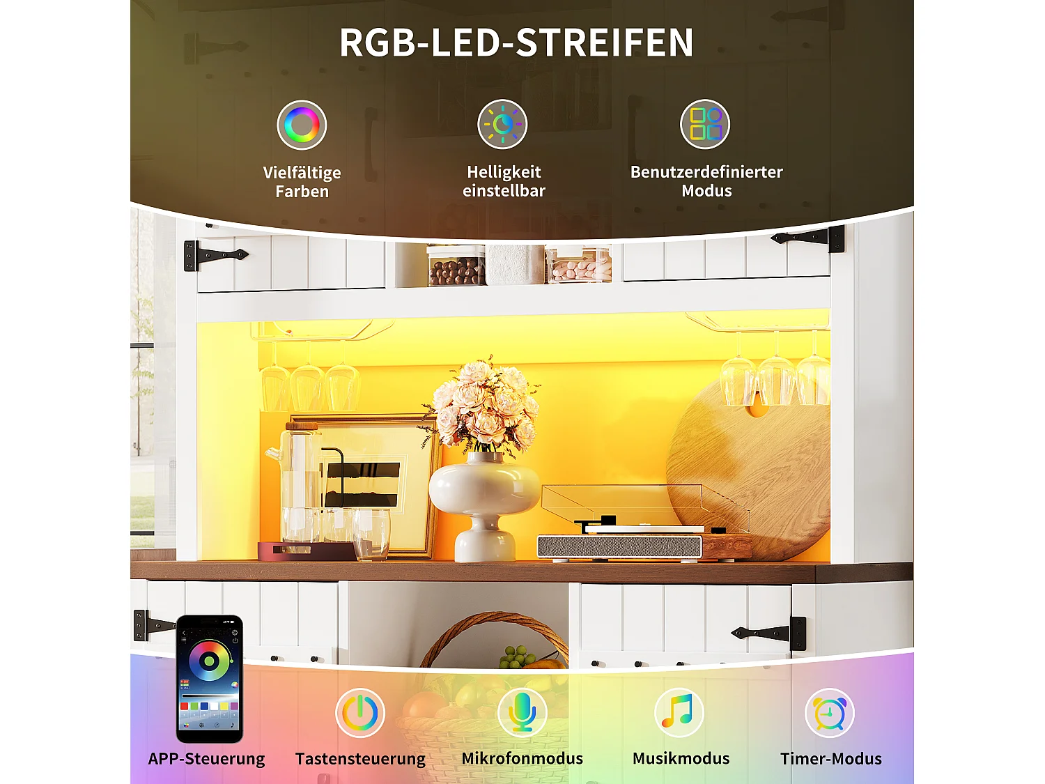 Szafa Kuchenna Wysoka 180cm - Kredens z Drzwiami Styl "Stodoła", Oświetlenie LED RGB Podłączane, Stojak na Wino, Mieszane Przechowywanie - Biały