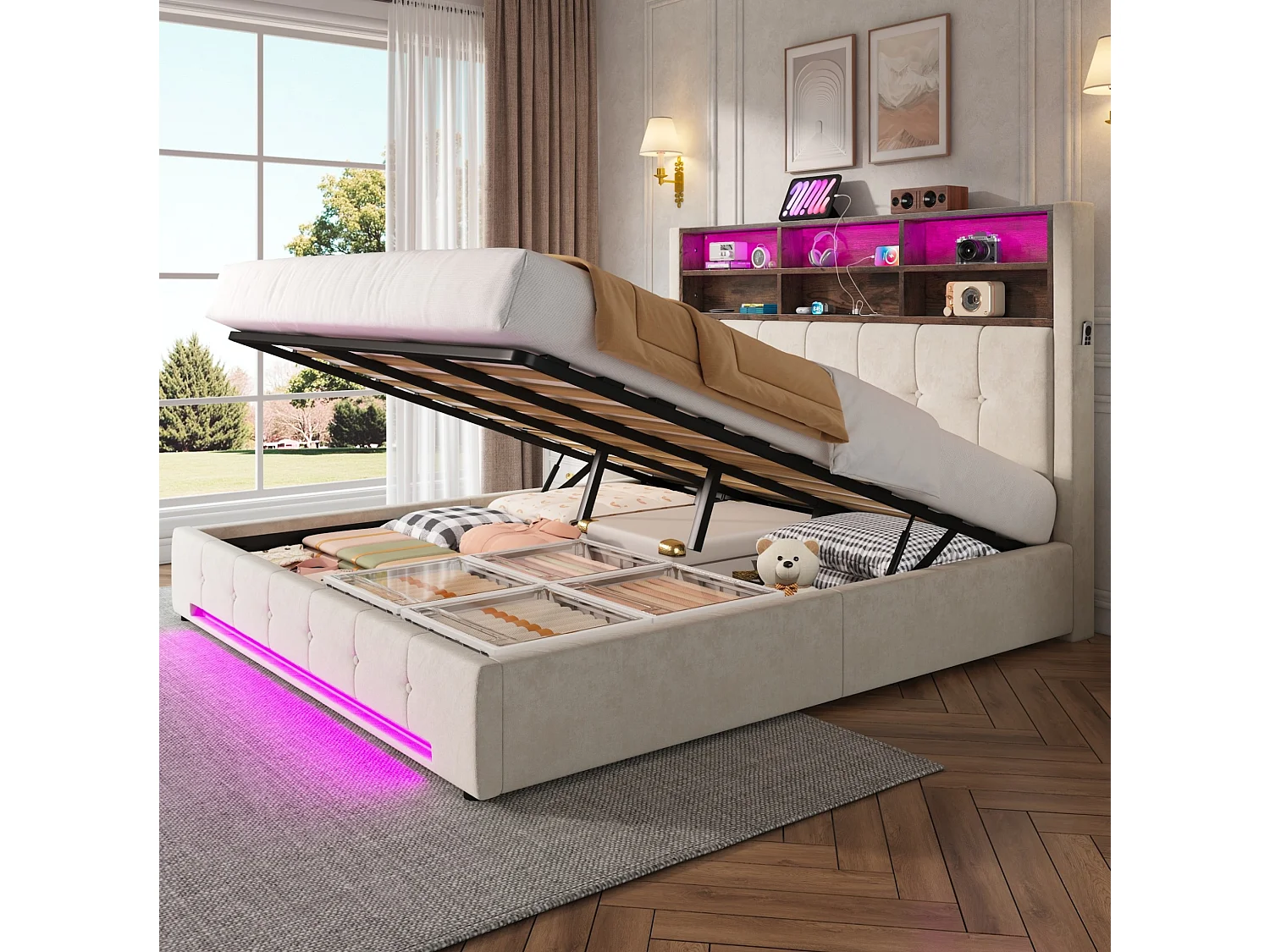 Lit coffre adulte 180x200 cm avec USB-C et LED - Lit double en velours beige