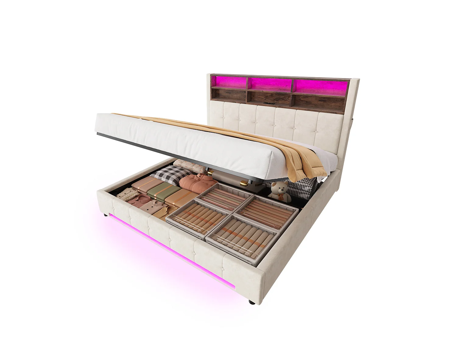 Lit coffre adulte 180x200 cm avec USB-C et LED - Lit double en velours beige