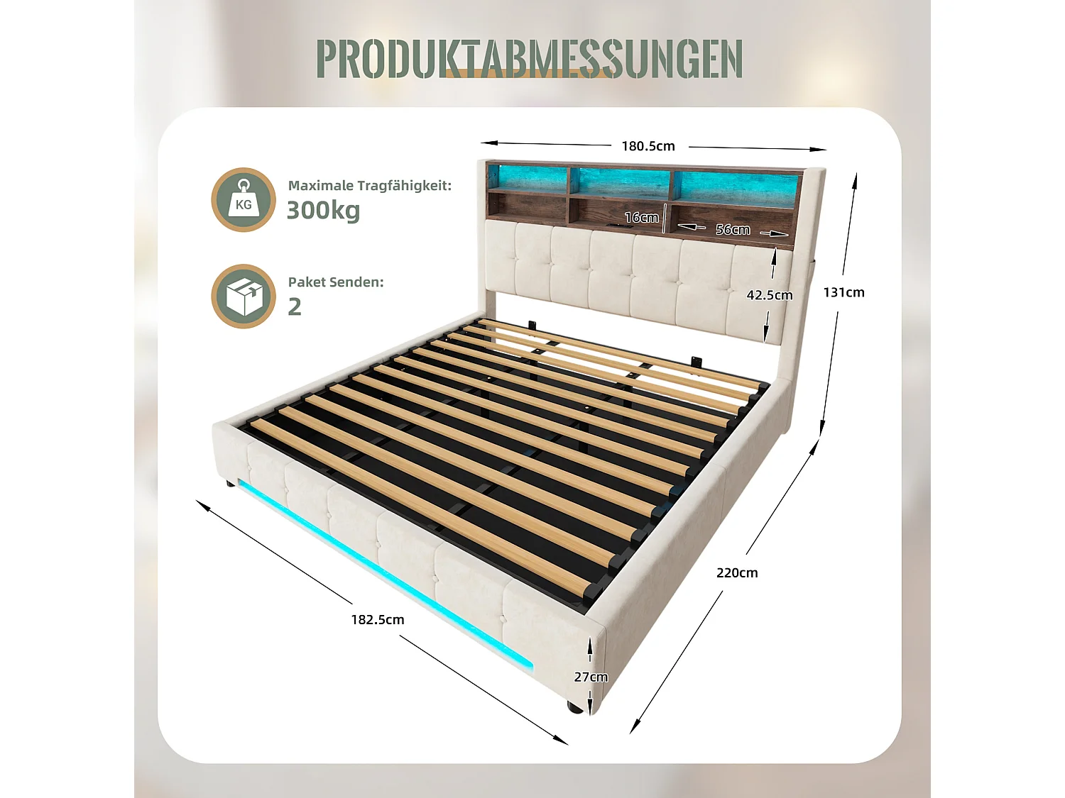 Lit coffre adulte 180x200 cm avec USB-C et LED - Lit double en velours beige
