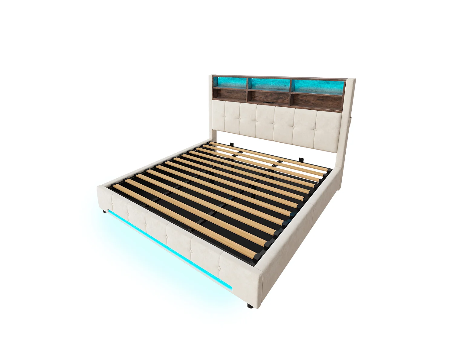 Lit coffre adulte 180x200 cm avec USB-C et LED - Lit double en velours beige