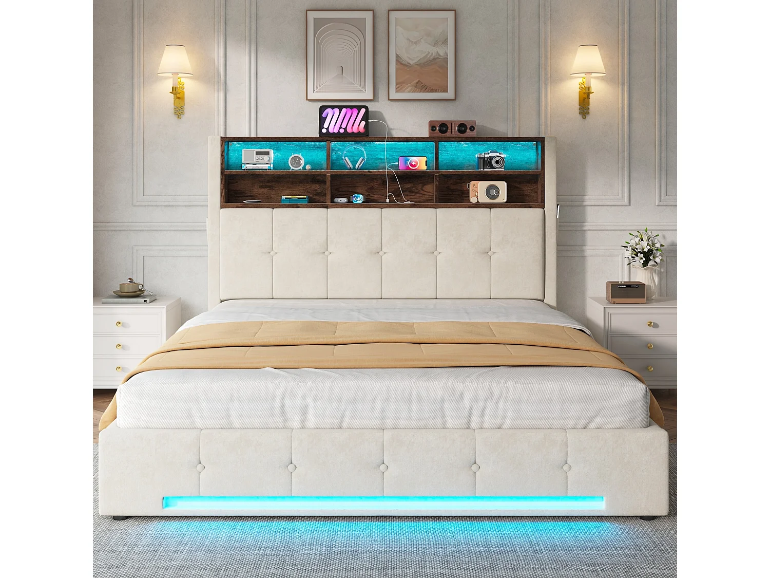Lit coffre adulte 180x200 cm avec USB-C et LED - Lit double en velours beige