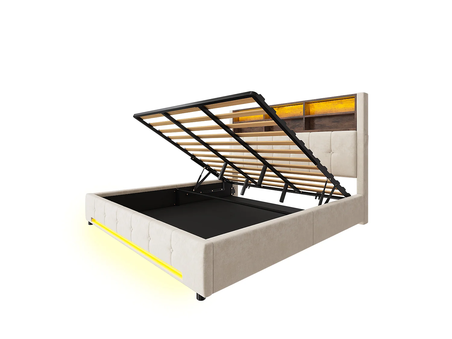 Lit coffre adulte 180x200 cm avec USB-C et LED - Lit double en velours beige