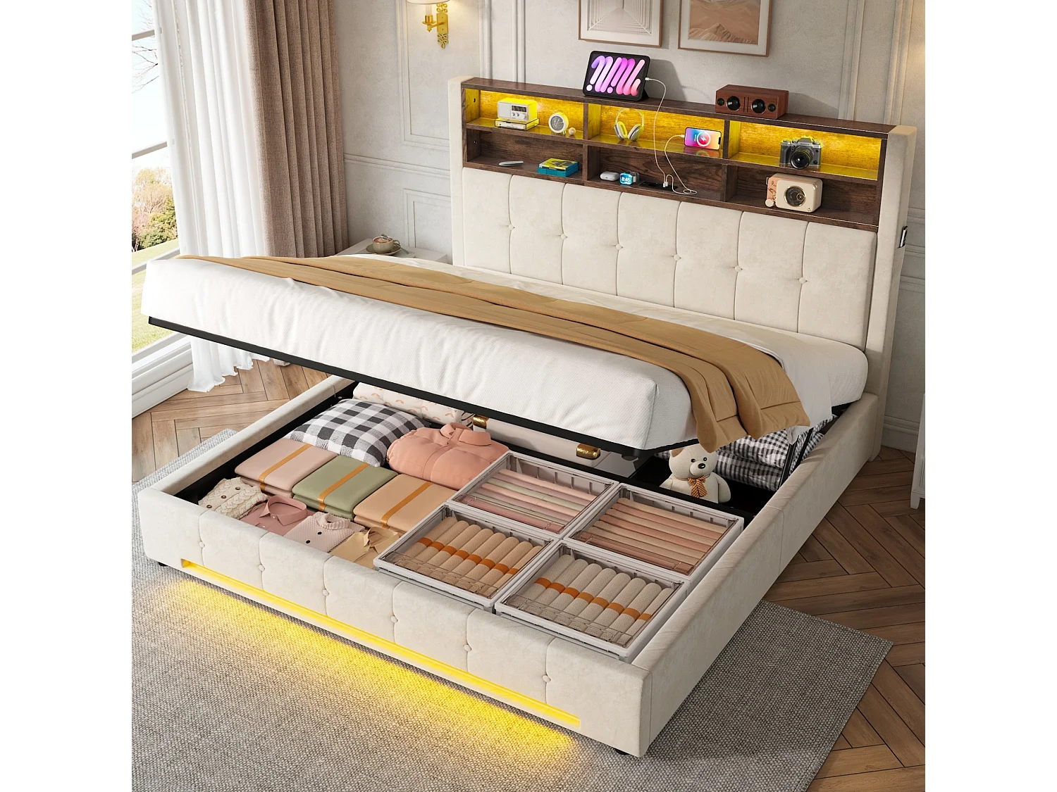 Lit coffre adulte 180x200 cm avec USB-C et LED - Lit double en velours beige