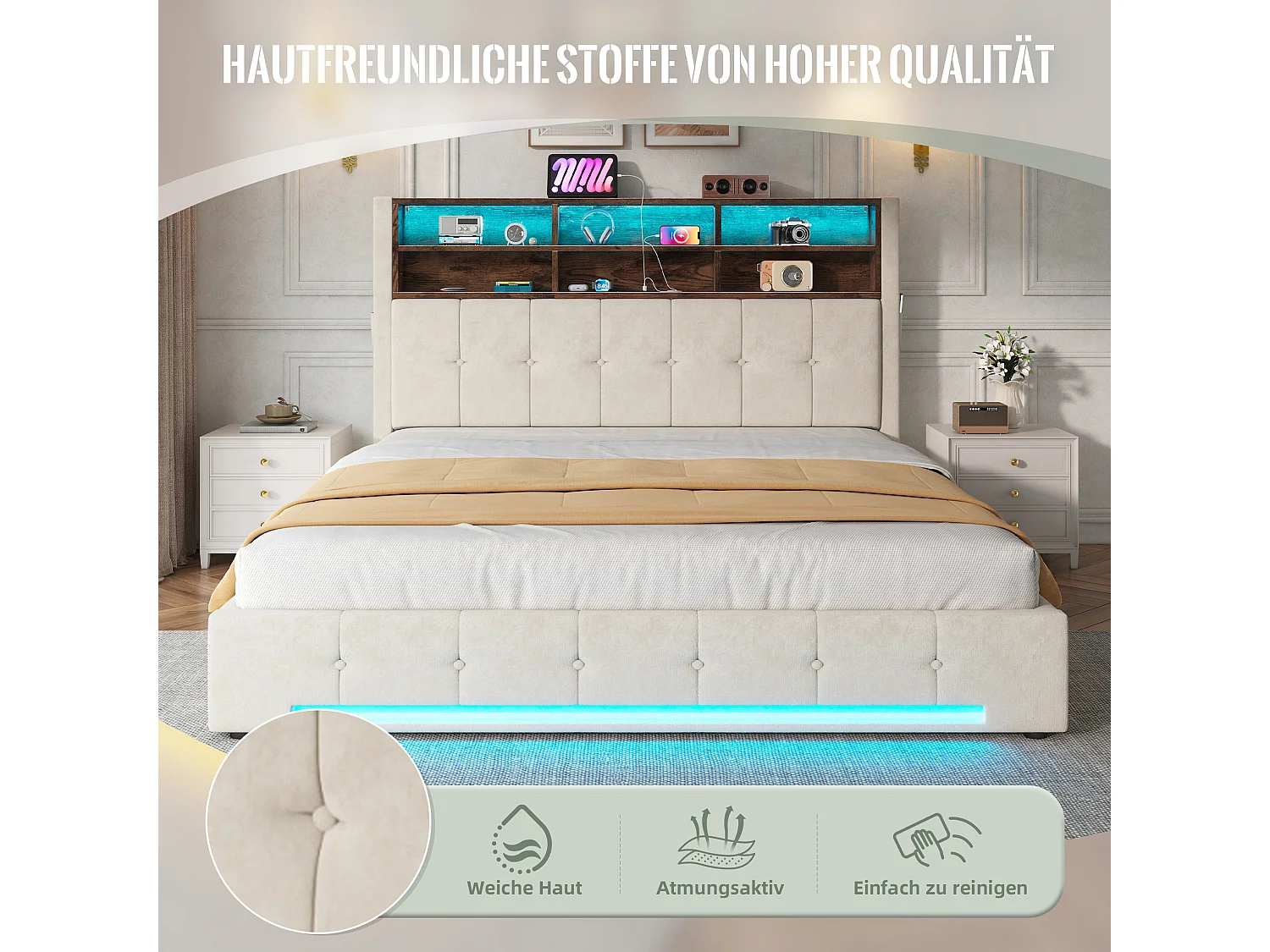 Lit coffre adulte 180x200 cm avec USB-C et LED - Lit double en velours beige