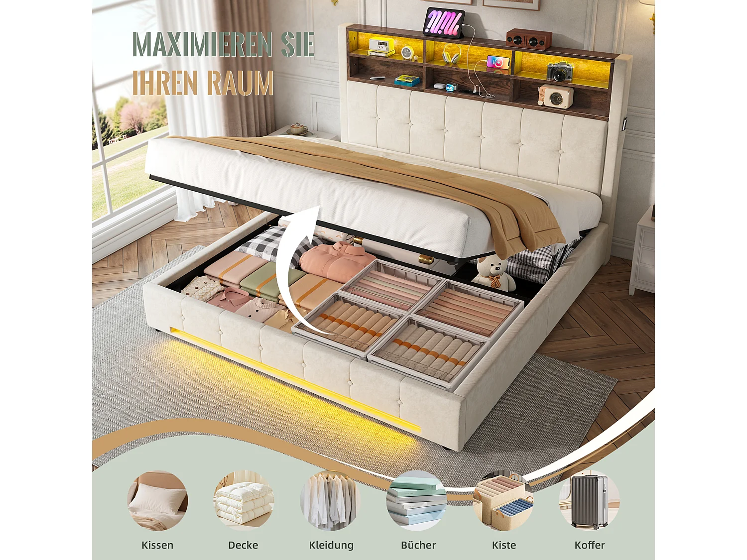 Lit coffre adulte 180x200 cm avec USB-C et LED - Lit double en velours beige