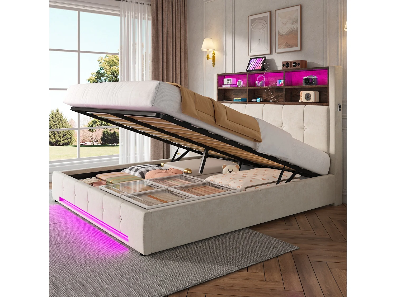 Lit coffre adulte 160x200 cm avec USB-C et LED - Lit double en velours beige