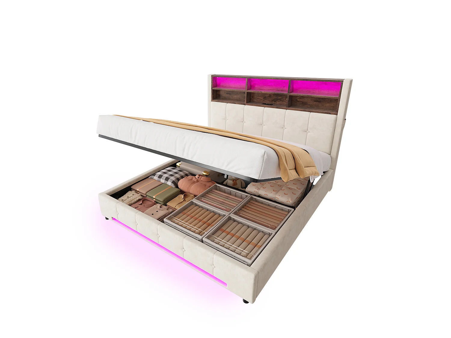 Lit coffre adulte 160x200 cm avec USB-C et LED - Lit double en velours beige