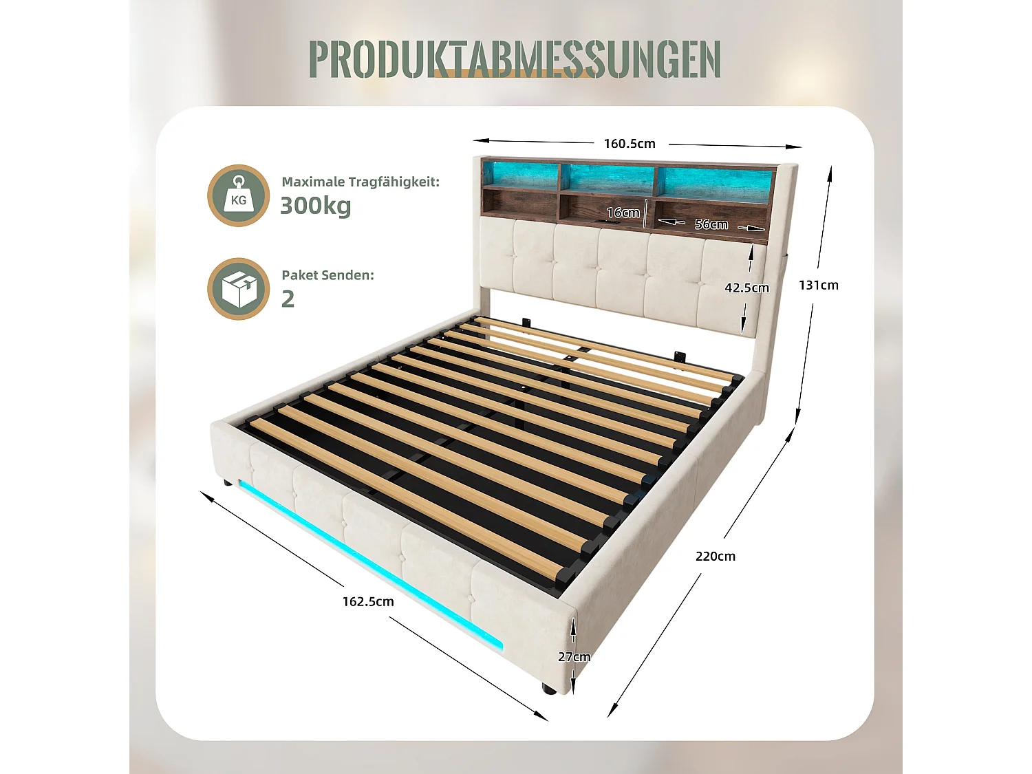 Lit coffre adulte 160x200 cm avec USB-C et LED - Lit double en velours beige
