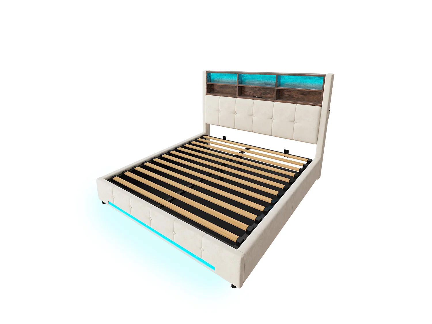 Lit coffre adulte 160x200 cm avec USB-C et LED - Lit double en velours beige