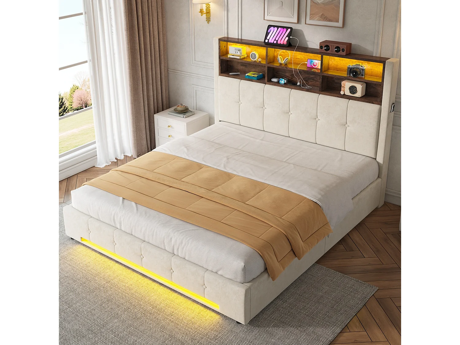 Lit coffre adulte 160x200 cm avec USB-C et LED - Lit double en velours beige