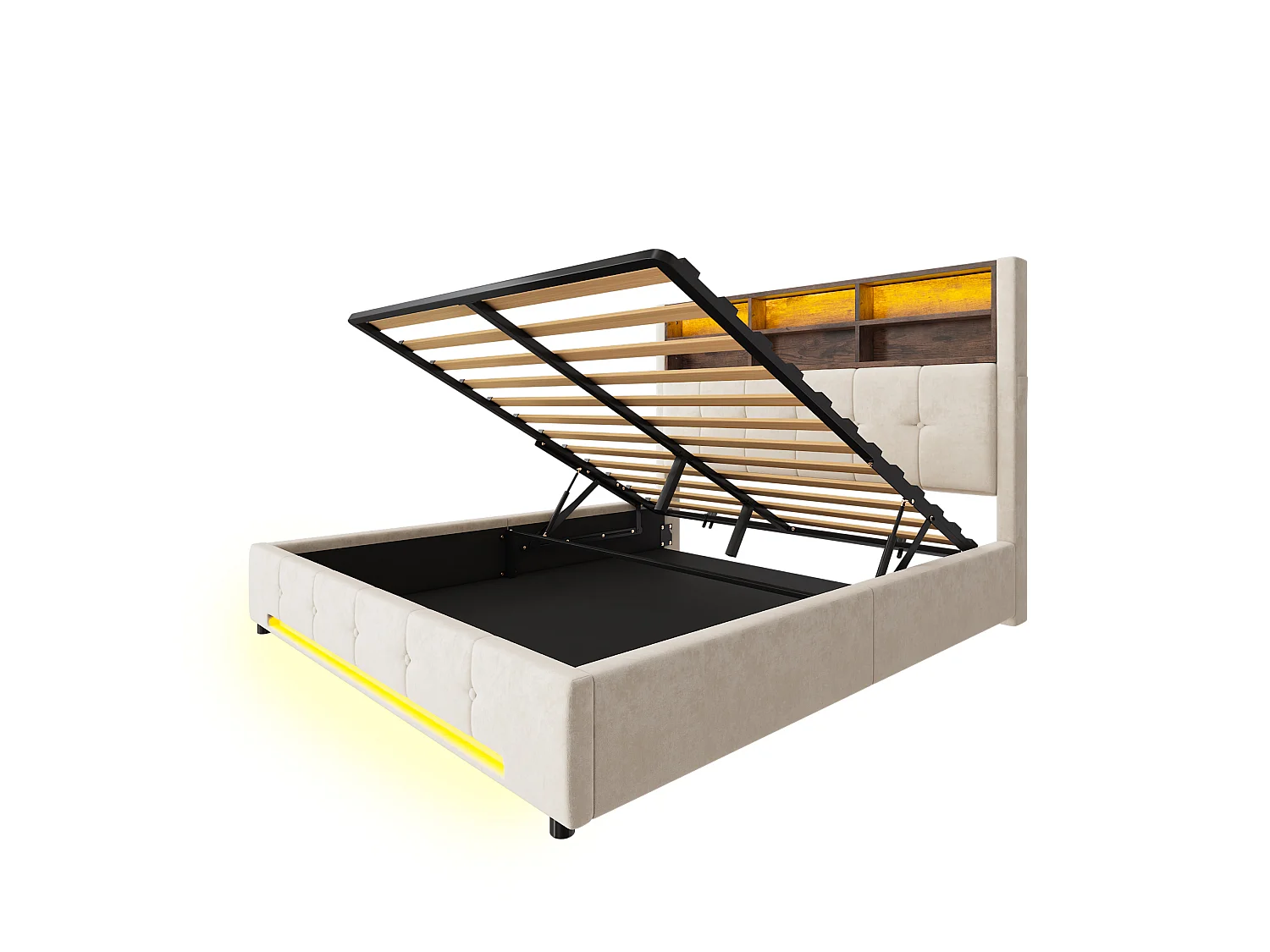 Lit coffre adulte 160x200 cm avec USB-C et LED - Lit double en velours beige
