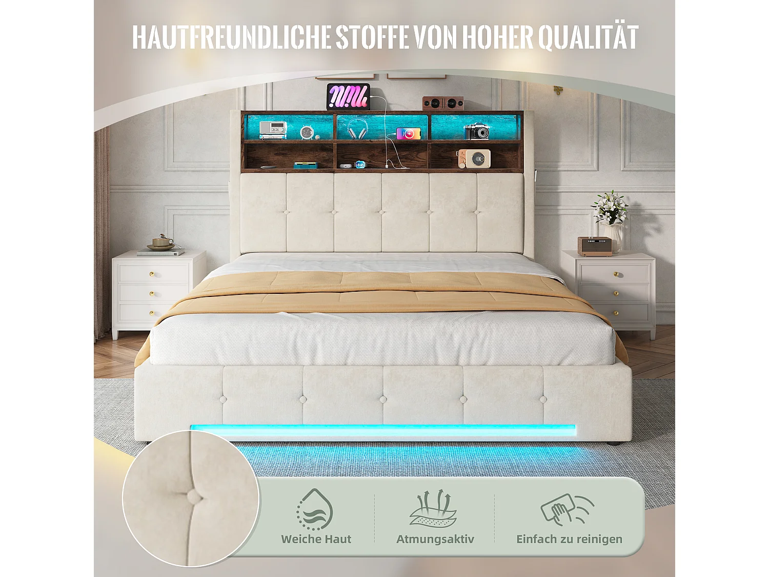 Lit coffre adulte 160x200 cm avec USB-C et LED - Lit double en velours beige