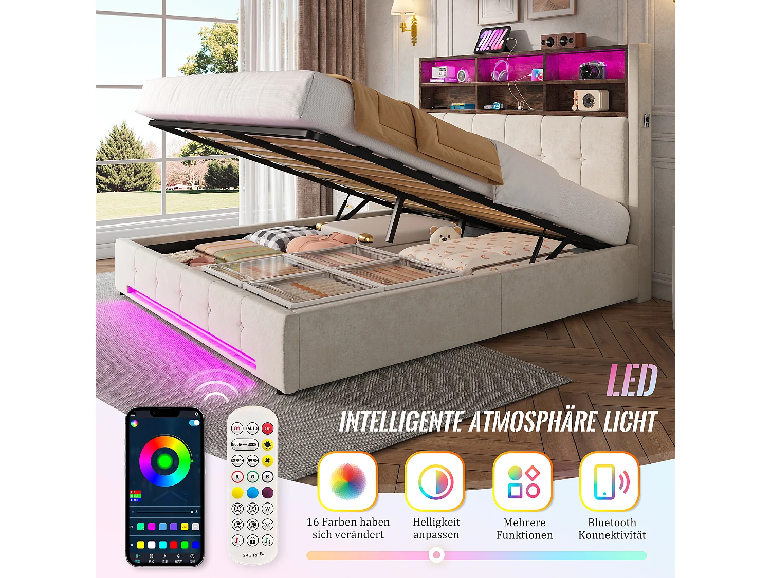 Lit coffre adulte 160x200 cm avec USB-C et LED - Lit double en velours beige