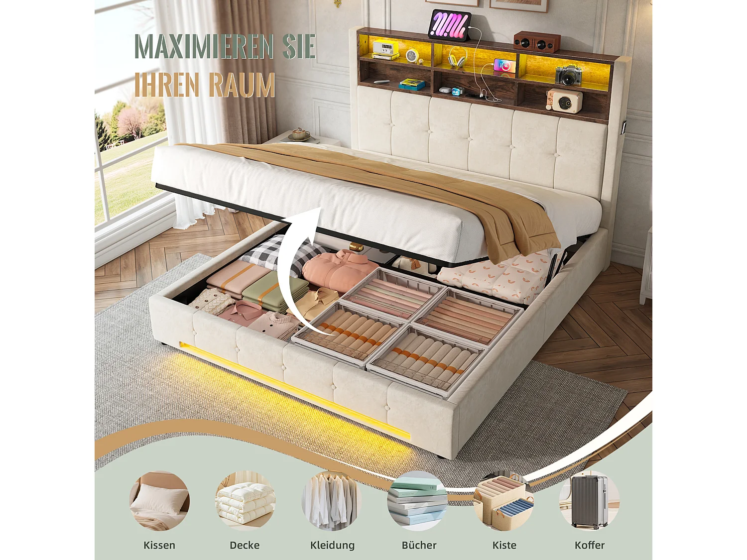 Lit coffre adulte 160x200 cm avec USB-C et LED - Lit double en velours beige