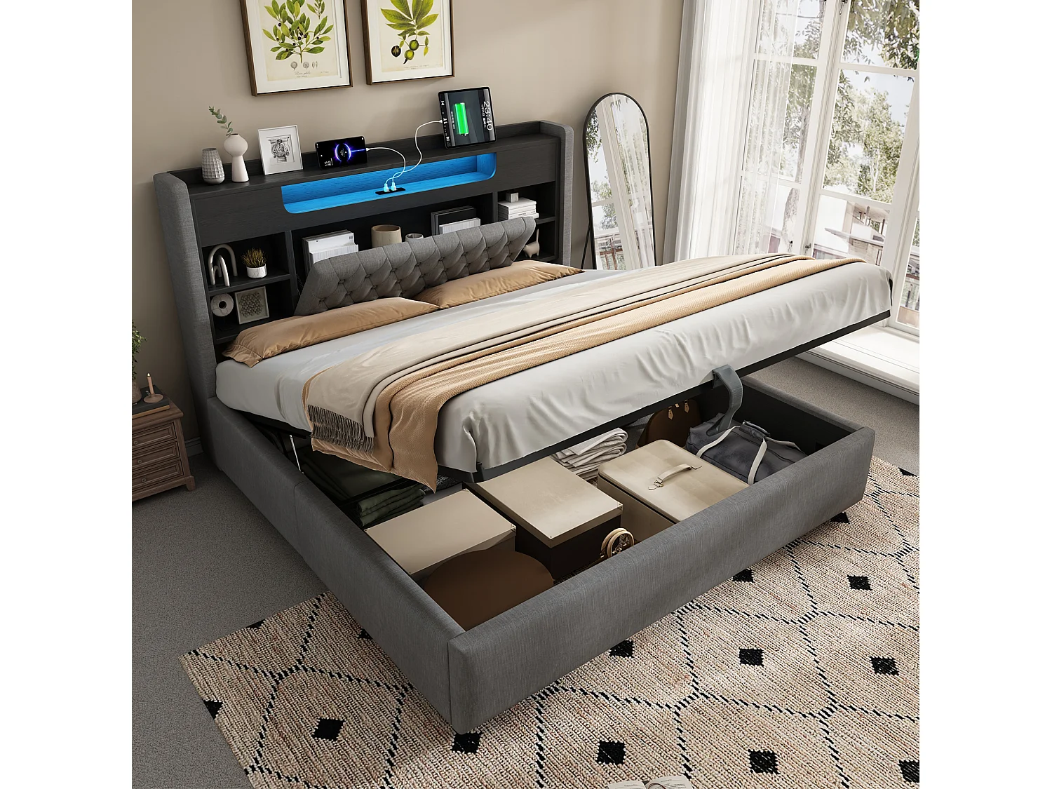 Lit coffre adulte 180x200 cm avec rangement, LED et USB/Type-C - Lit double en lin gris