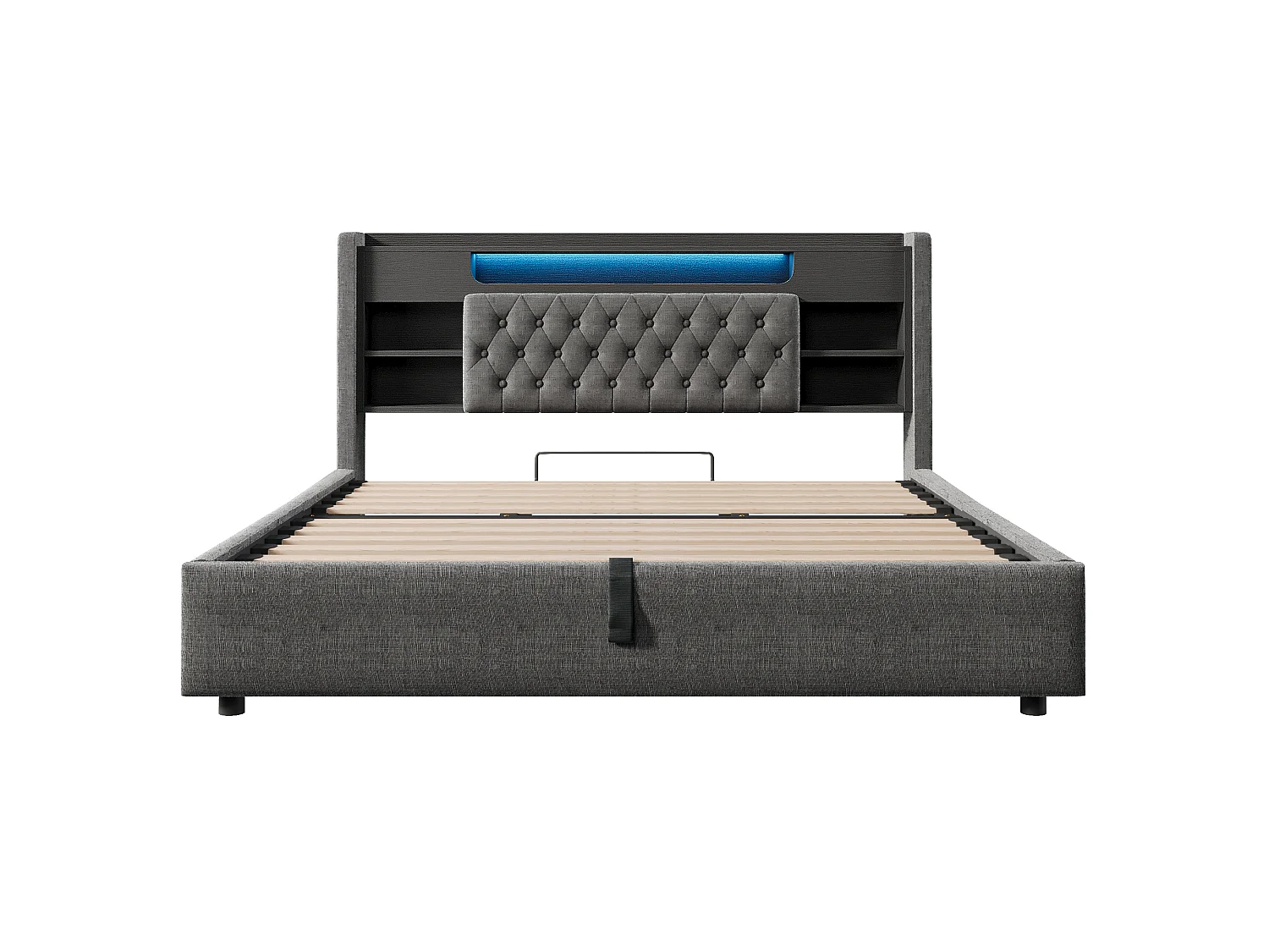 Lit coffre adulte 180x200 cm avec rangement, LED et USB/Type-C - Lit double en lin gris