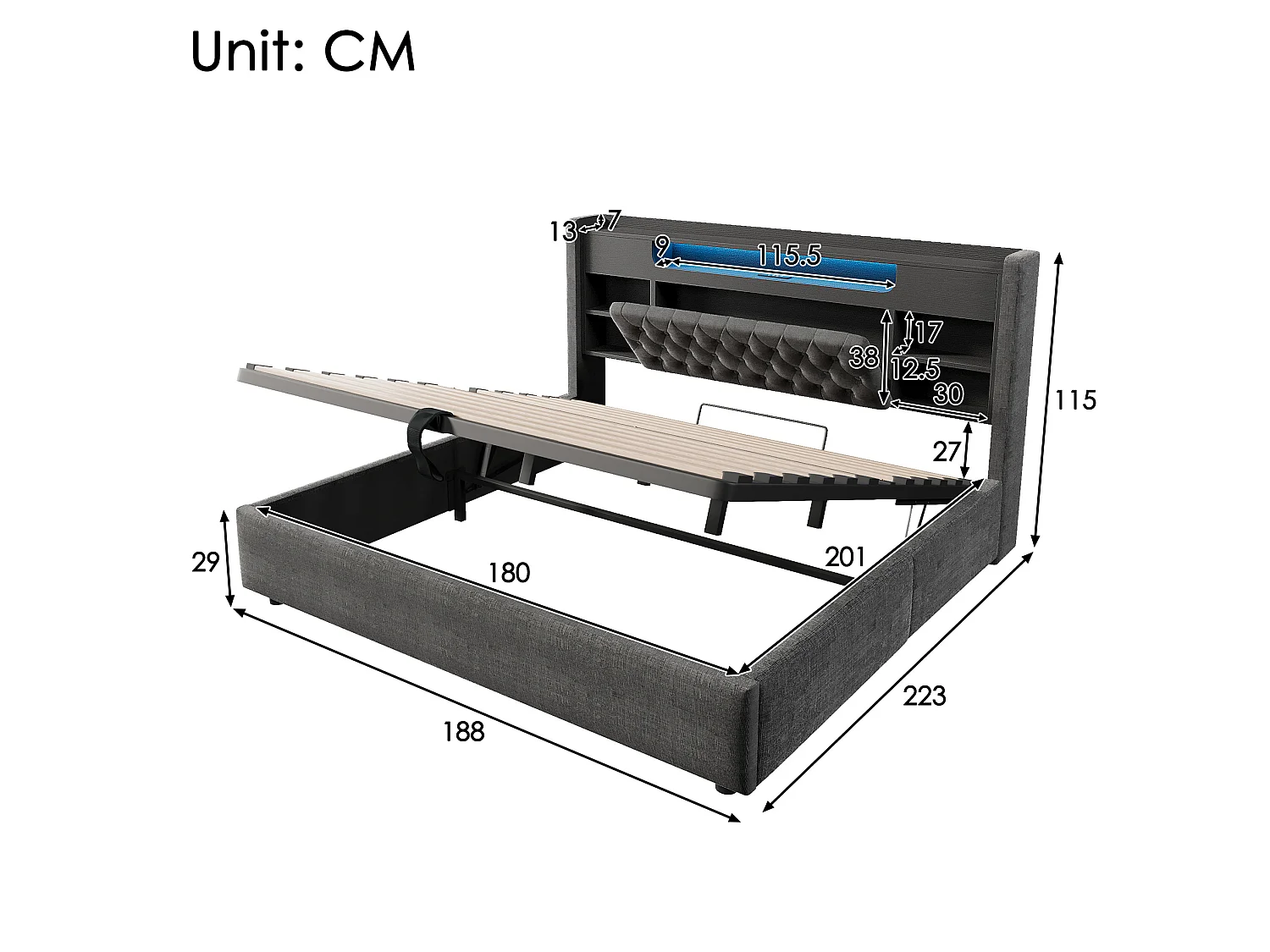 Lit coffre adulte 180x200 cm avec rangement, LED et USB/Type-C - Lit double en lin gris