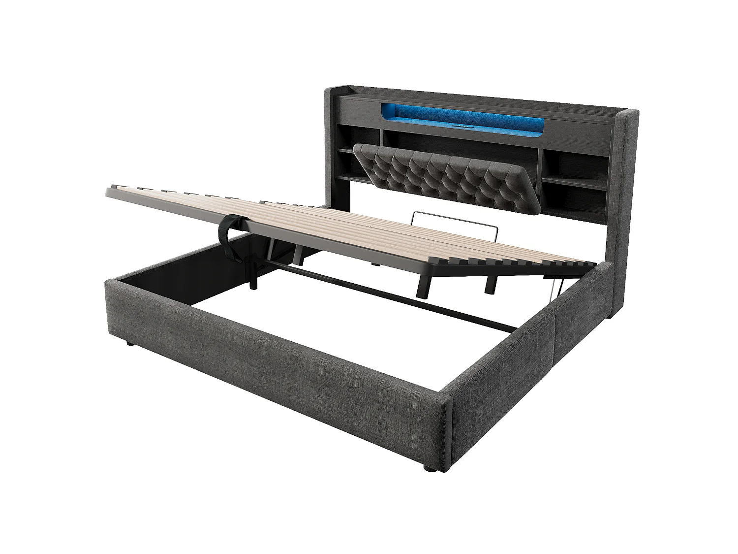Lit coffre adulte 180x200 cm avec rangement, LED et USB/Type-C - Lit double en lin gris
