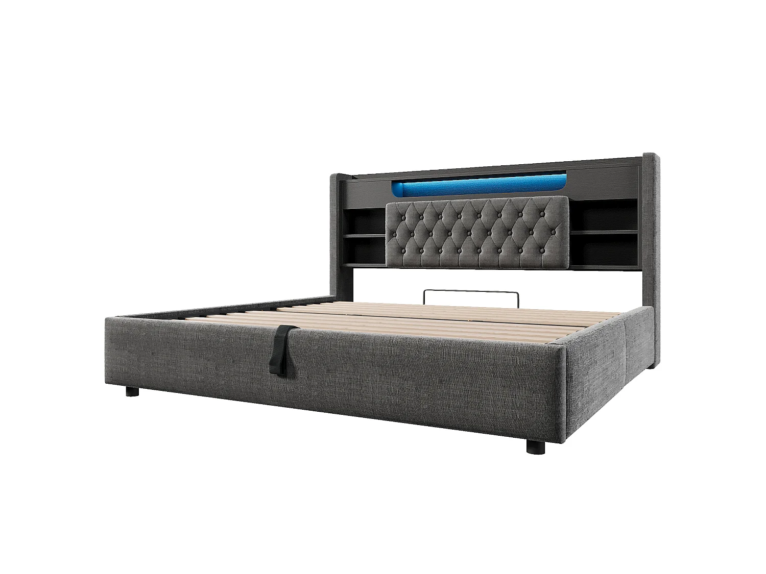 Lit coffre adulte 180x200 cm avec rangement, LED et USB/Type-C - Lit double en lin gris