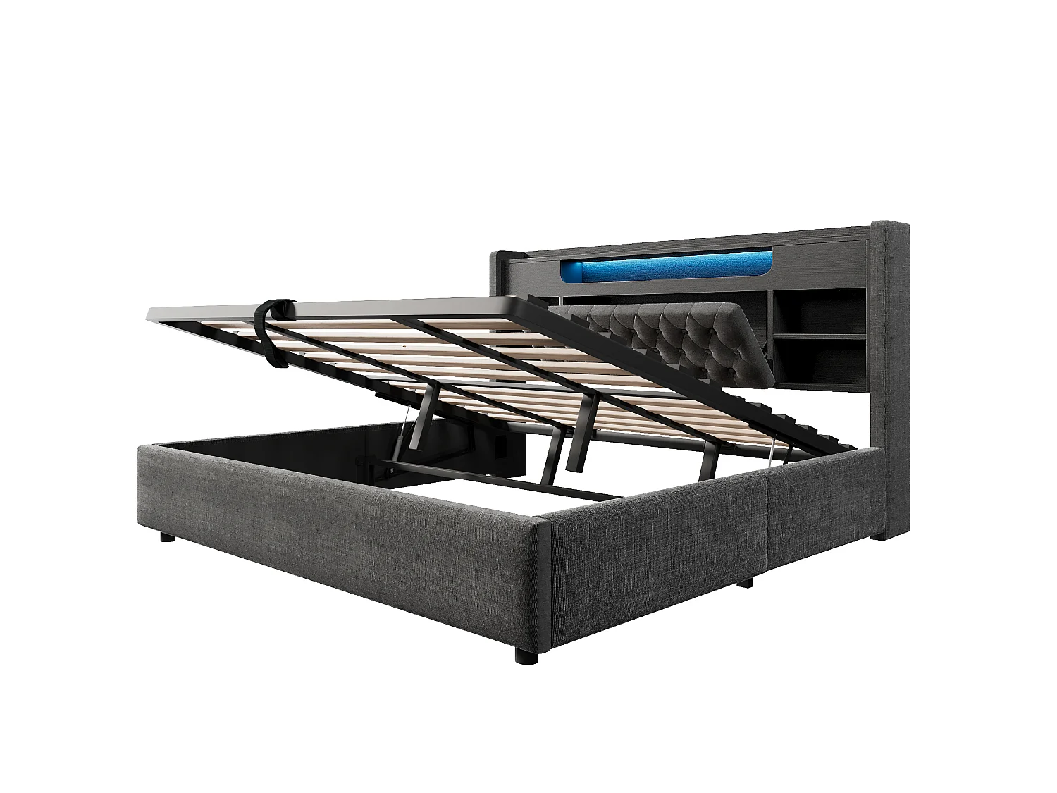 Lit coffre adulte 180x200 cm avec rangement, LED et USB/Type-C - Lit double en lin gris