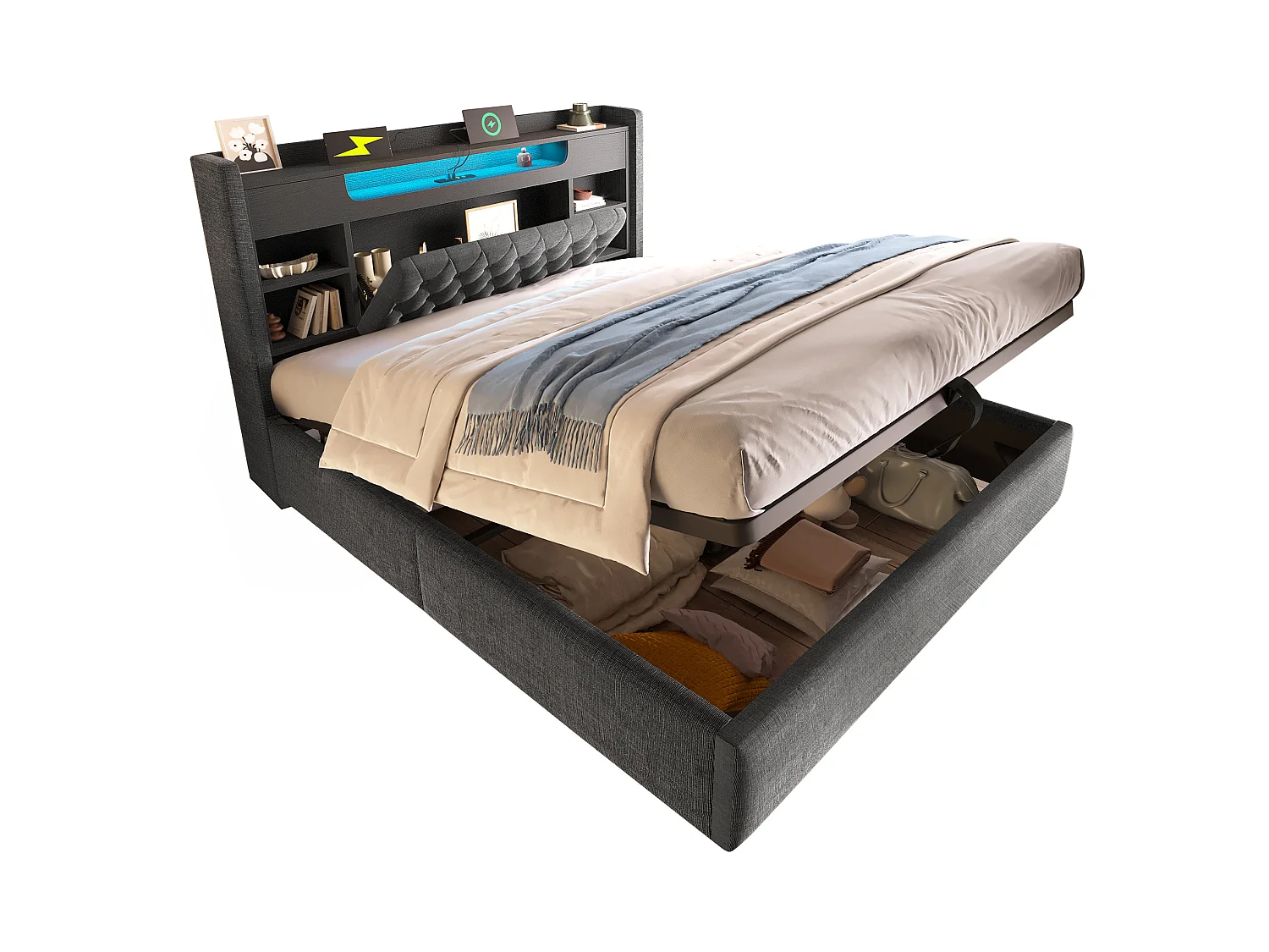 Lit coffre adulte 180x200 cm avec rangement, LED et USB/Type-C - Lit double en lin gris
