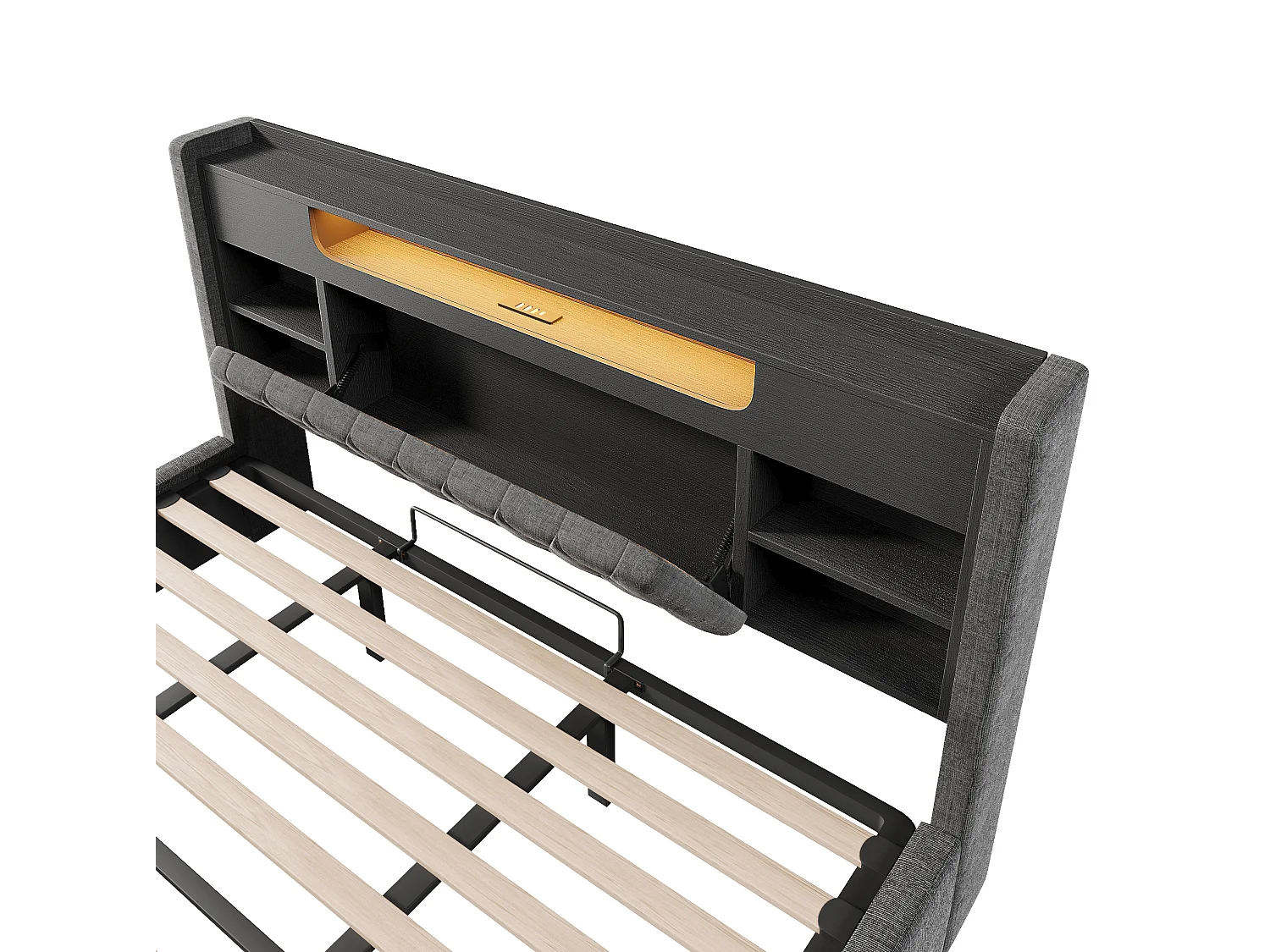 Lit coffre adulte 180x200 cm avec rangement, LED et USB/Type-C - Lit double en lin gris