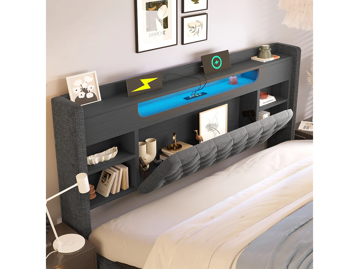 Lit coffre adulte 180x200 cm avec rangement, LED et USB/Type-C - Lit double en lin gris