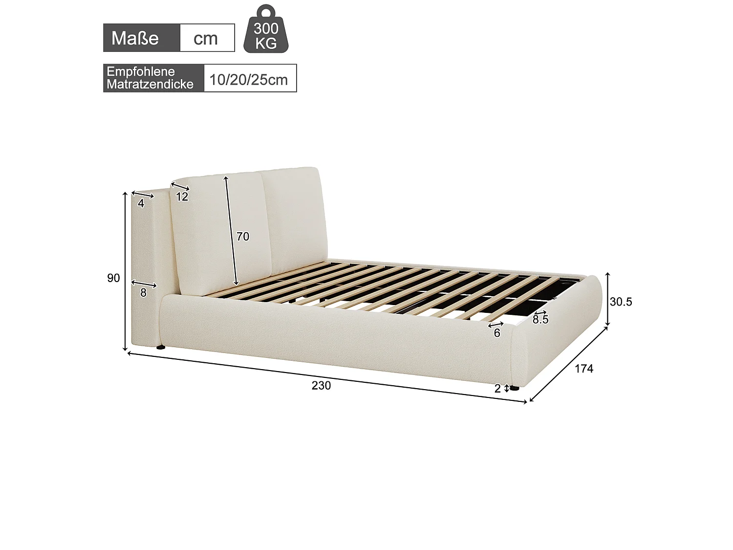 Cama con almacenamiento para adultos de 160x200 cm con somier de láminas - Tela bouclé beige