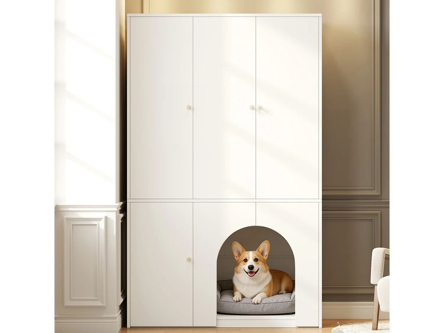 Roupeiro com bengaleiro e portas, nicho para animais de estimação - Branco