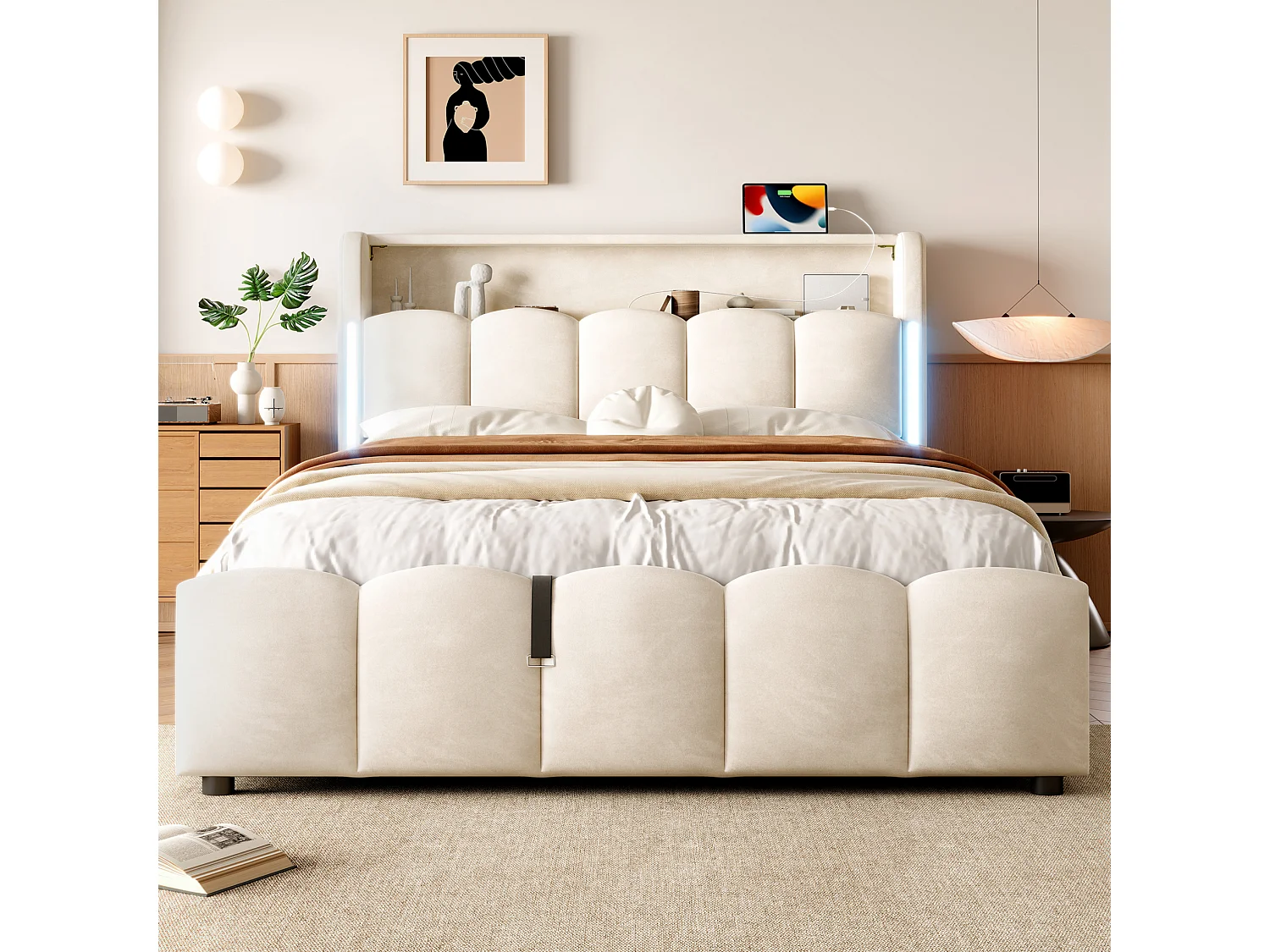 Opbergbed voor volwassenen 140x200 cm met LED-verlichting en USB-poorten - Beige fluweel