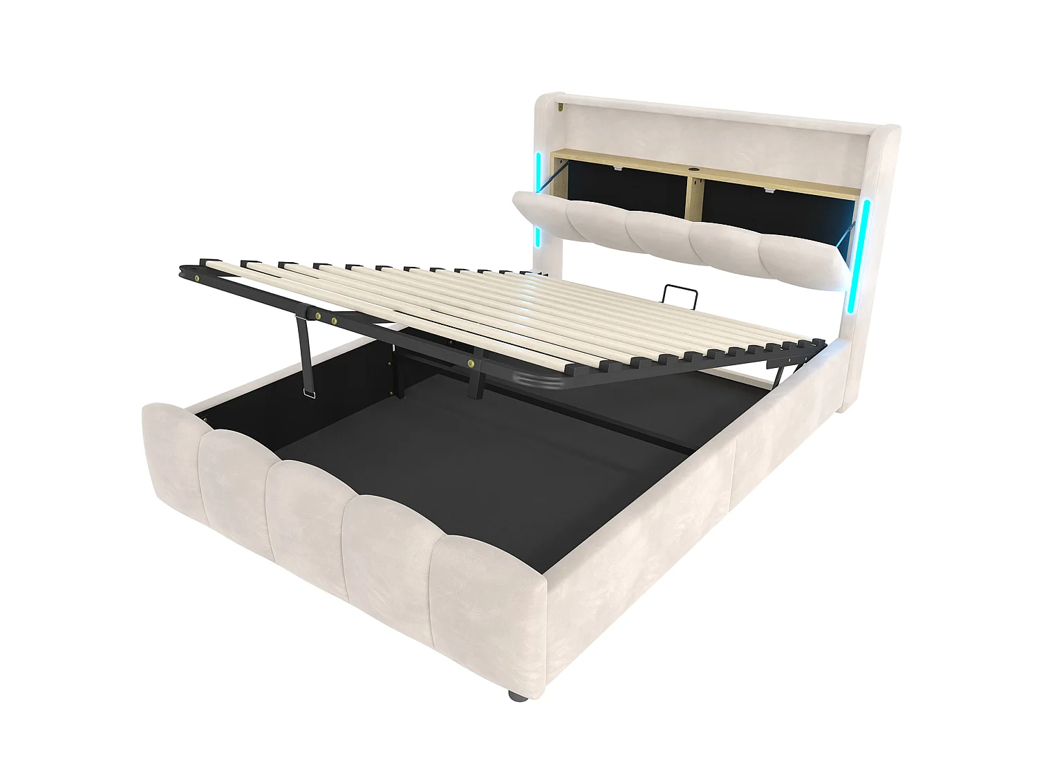 Opbergbed voor volwassenen 140x200 cm met LED-verlichting en USB-poorten - Beige fluweel
