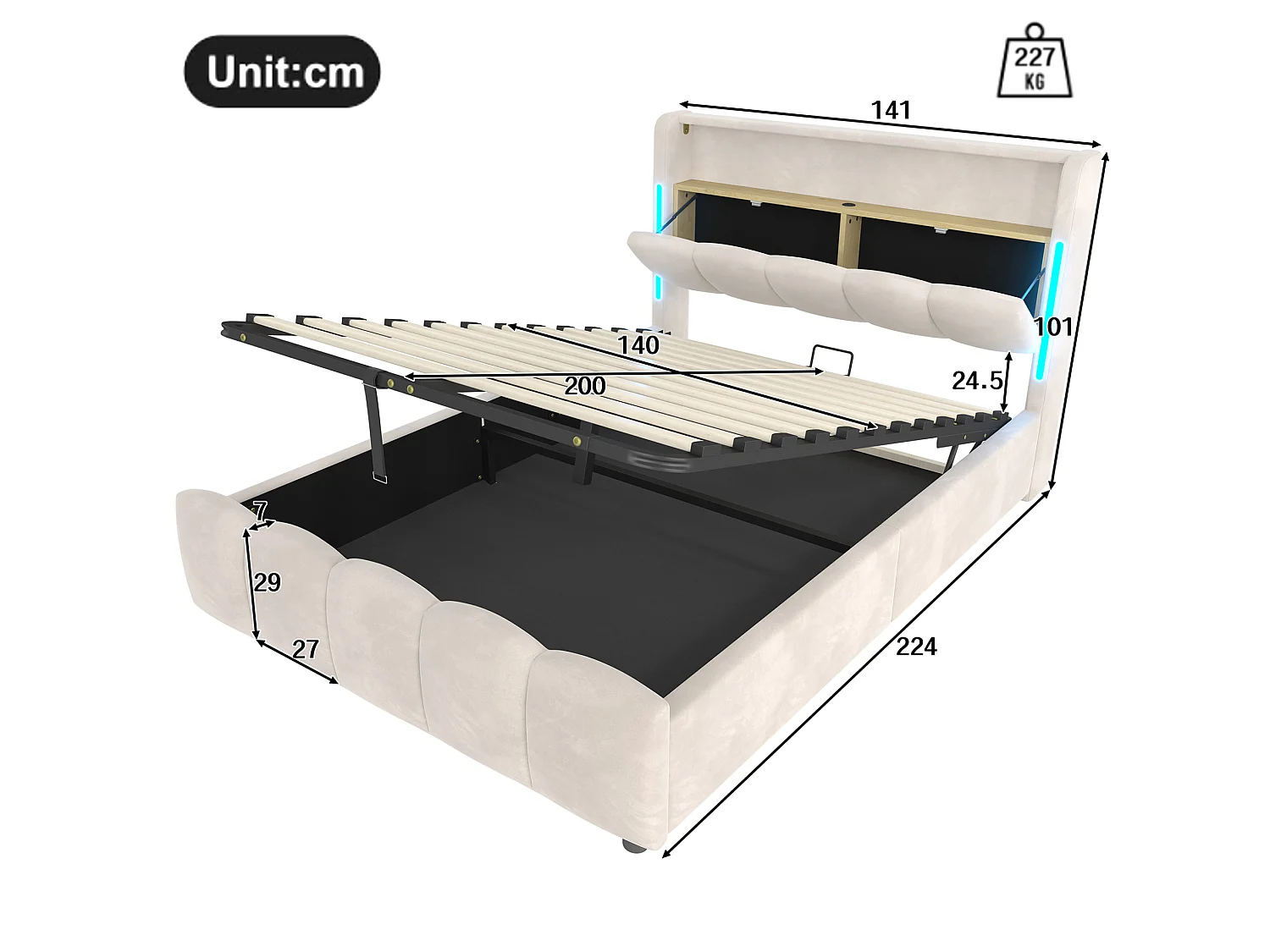 Opbergbed voor volwassenen 140x200 cm met LED-verlichting en USB-poorten - Beige fluweel