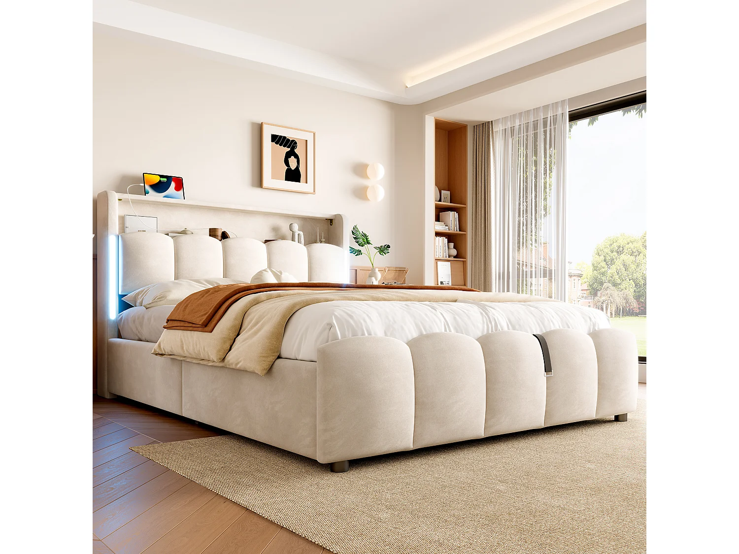 Opbergbed voor volwassenen 140x200 cm met LED-verlichting en USB-poorten - Beige fluweel