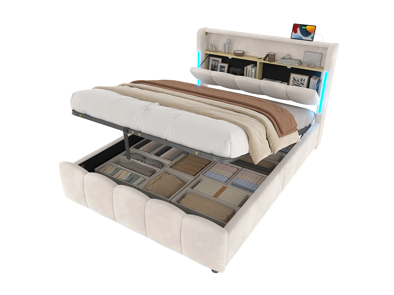 Opbergbed voor volwassenen 140x200 cm met LED-verlichting en USB-poorten - Beige fluweel