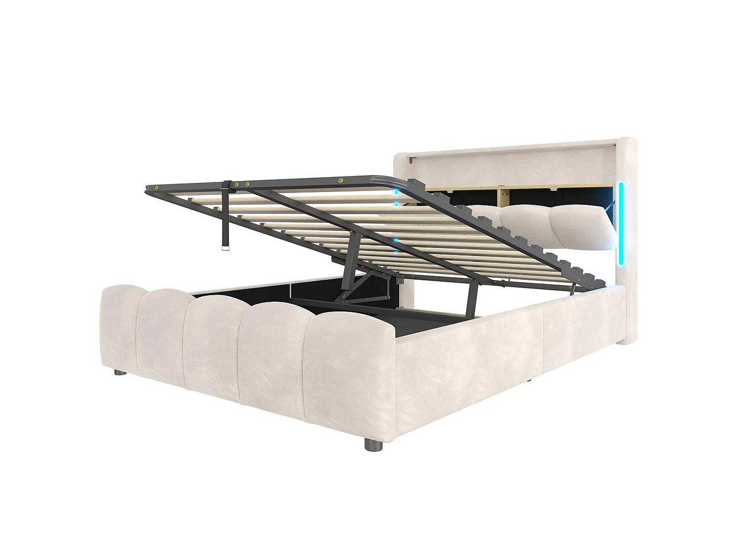 Opbergbed voor volwassenen 140x200 cm met LED-verlichting en USB-poorten - Beige fluweel
