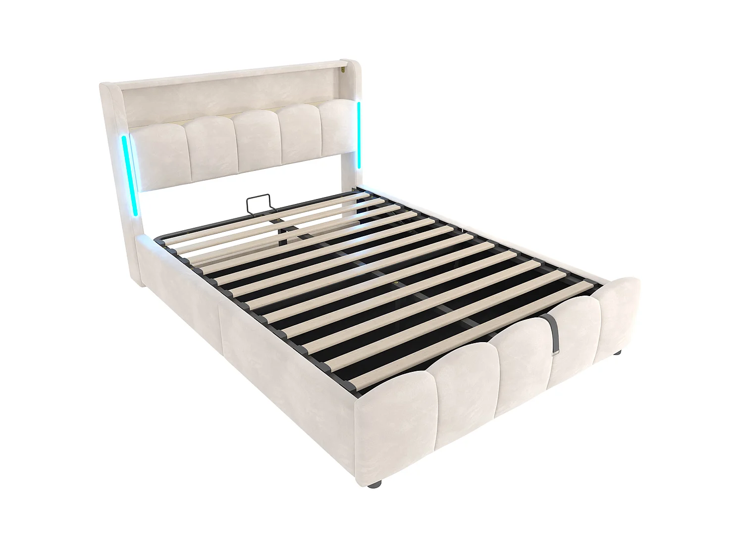 Opbergbed voor volwassenen 140x200 cm met LED-verlichting en USB-poorten - Beige fluweel