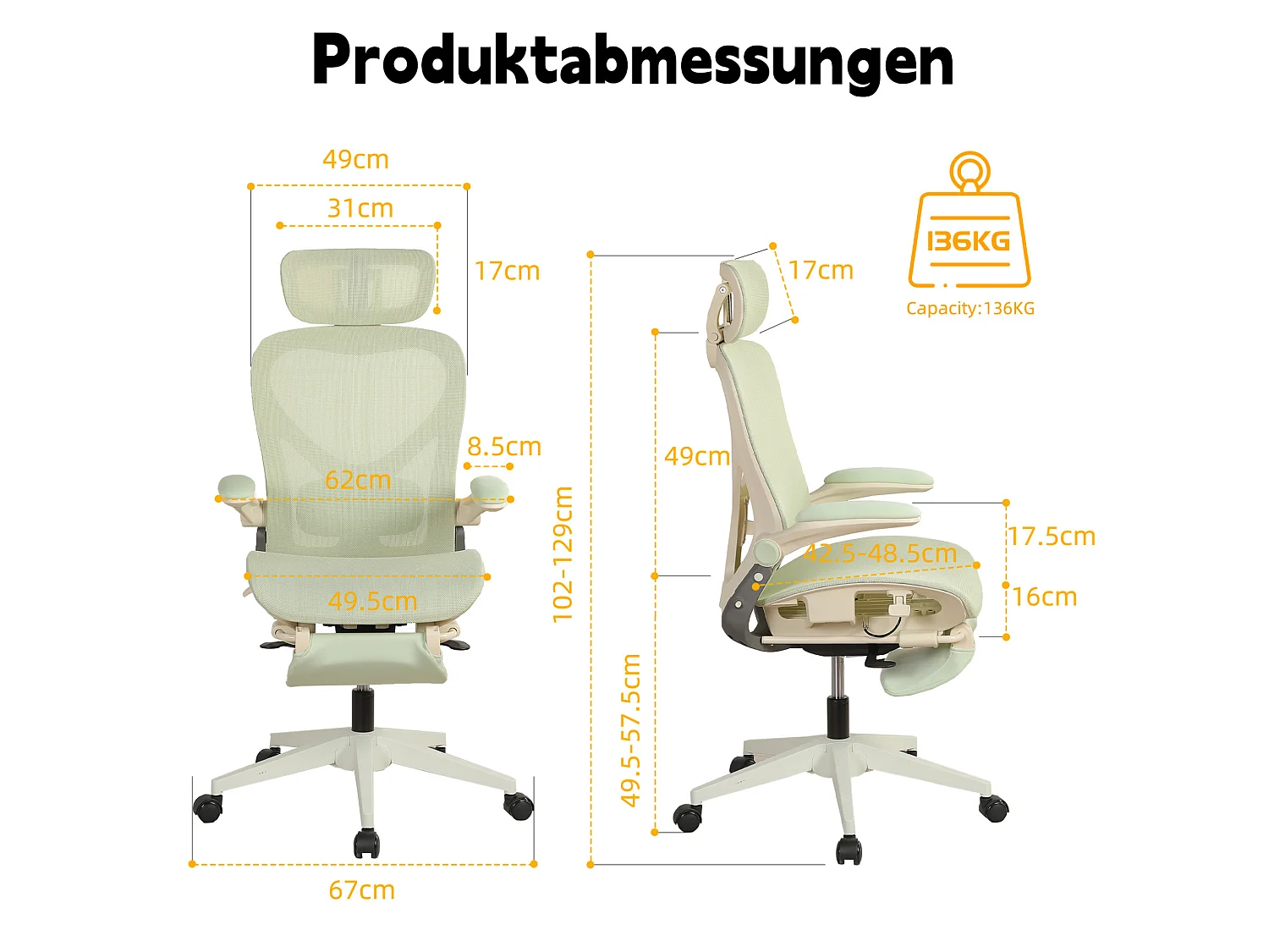 Chaise de bureau ergonomique pliante en maille vert - Avec dossier réglable