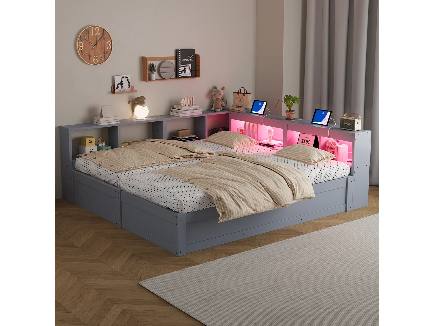 Lit coffre enfant 90/180x200 cm avec LED, prises intégrées et rangements - Bois en MDF gris