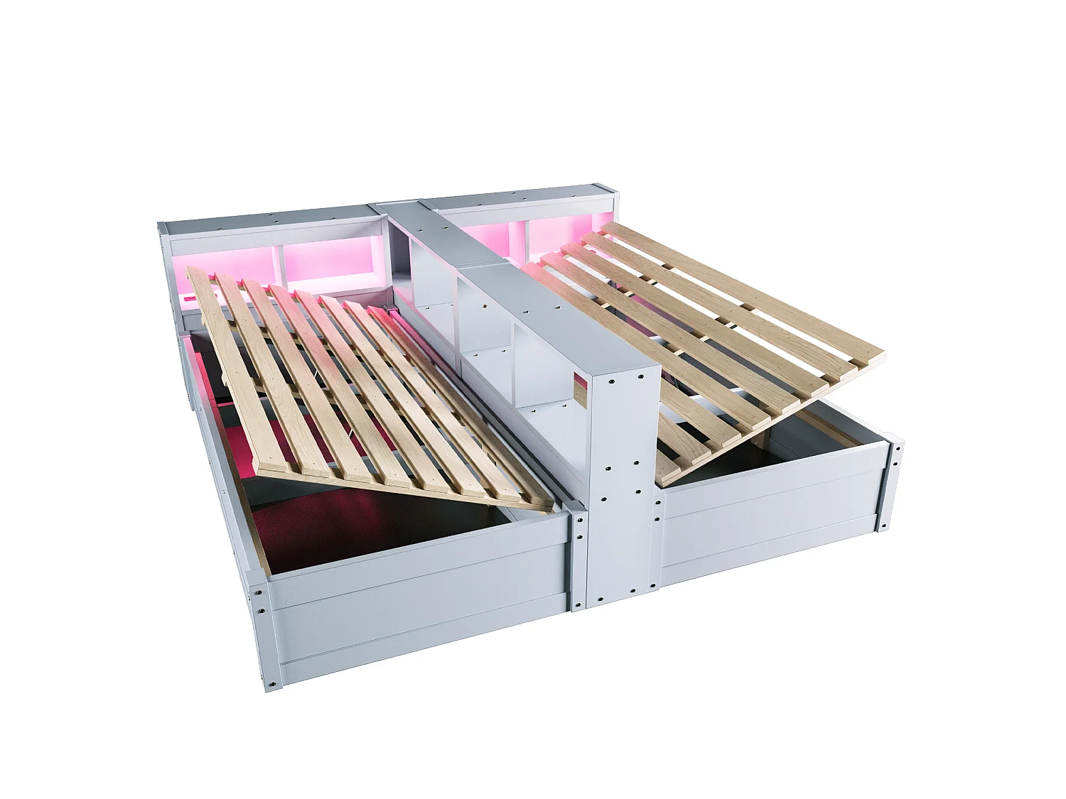 Lit coffre enfant 90/180x200 cm avec LED, prises intégrées et rangements - Bois en MDF gris