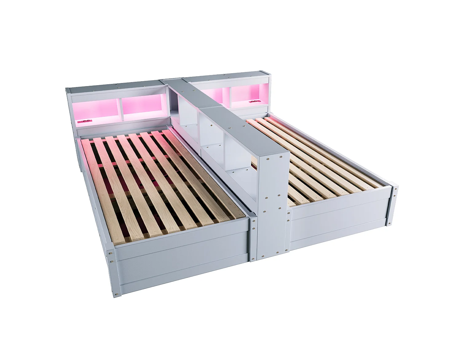 Lit coffre enfant 90/180x200 cm avec LED, prises intégrées et rangements - Bois en MDF gris