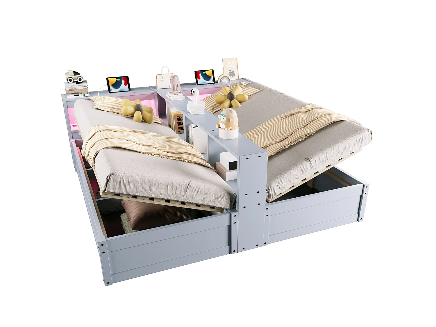 Lit coffre enfant 90/180x200 cm avec LED, prises intégrées et rangements - Bois en MDF gris