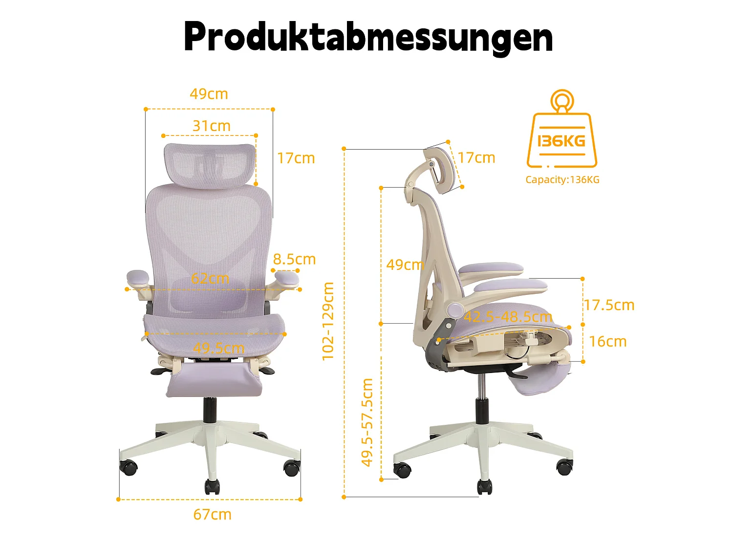 Chaise de bureau ergonomique pliante en maille violet - Avec dossier réglable